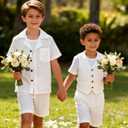 Kid Toddler Boy Clothes Short Sleeve Button-Down Shirt+Shorts+White Vest Summer Clothing Set 2-12 Years (White, M)