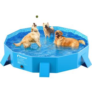 Peteast Foldable Dog Kiddie Pool with Stable Side Support, Hard Plastic Shell Portable Dog Pool, Collapsible Swimming Pools for Pet and Kids, 64 in