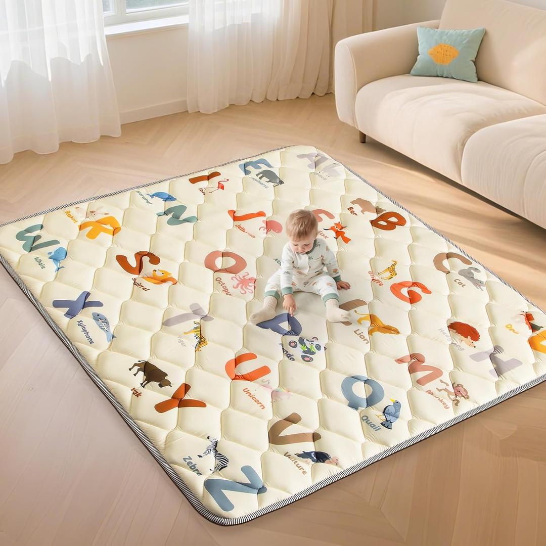 Baby Play Mats for Floor - 65x50 Playmat for Babies - Foldable Soft Foam Mat for Toddlers - Machine Washable & Non-Slip Thick Play Mat for Picnic Portable - Animals Alphabet Design