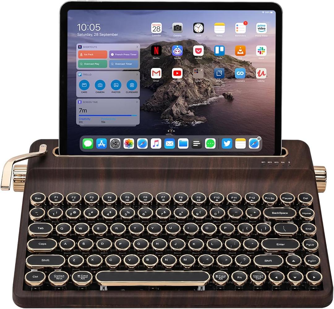 YUNZII QL75 Wireless Typewriter Hot Swap Retro Mechanical Keyboard,Punk Round Keycaps,RGB Backlit QMK/VIA Programmable, Multi-Device Keyboard with 2.4GHz/Type-C/BT5.0 (Wood, Cocoa Cream V2 Switch)