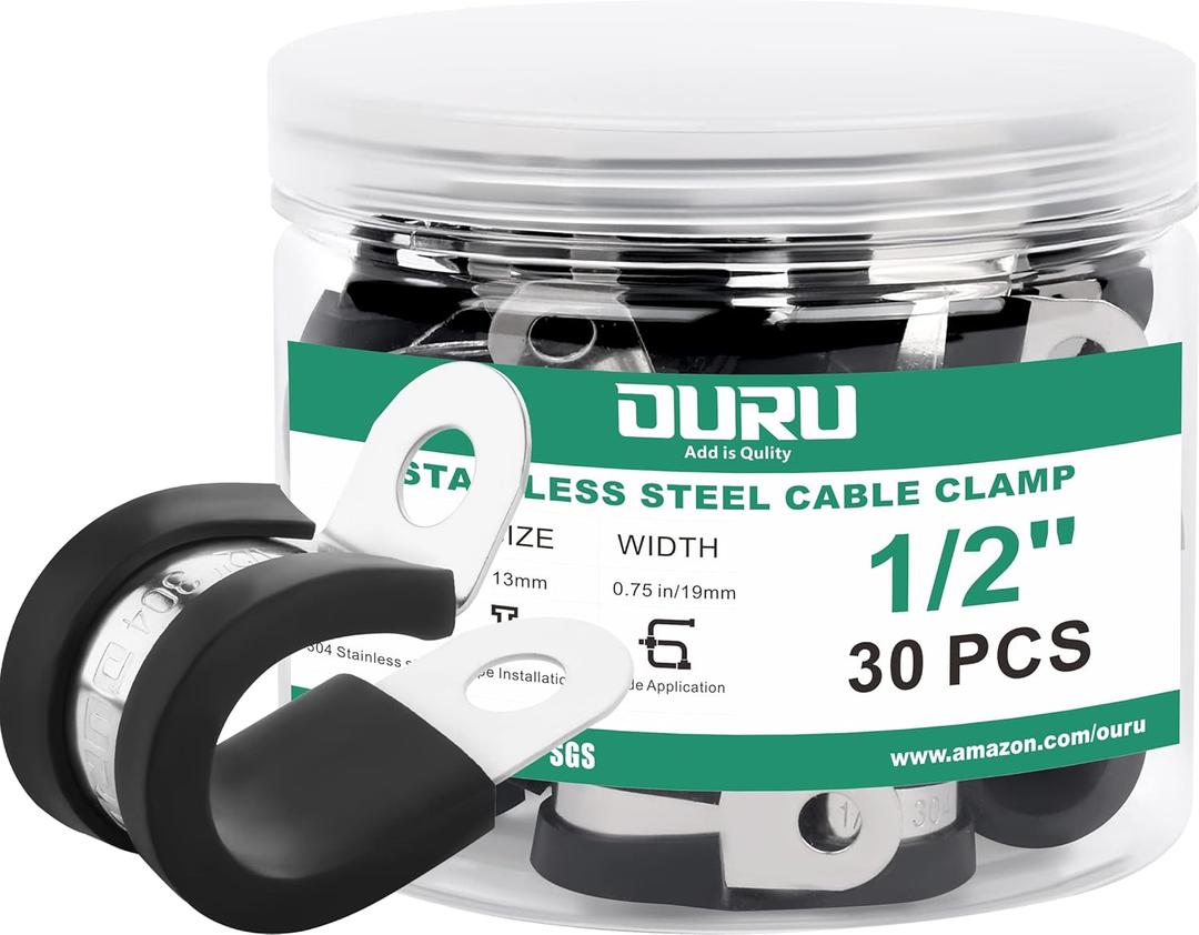 OURU 1/2-Inch Stainless Steel Rubber Coated Pipe & Wire Clamps (30pcs, Black, 13mm)