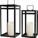 HPC Decor Black Metal Candle Lanterns Set of 2- Lanterns Decorative w/ LED Timer Candles- 15.8'' & 12.6'' Chunky Modern Farmhouse Lantern Decor for Indoor,Outdoor,Fireplace,Porch (No Glass)