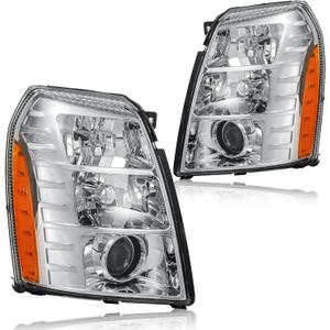 Headlight Assembly, Headlights Kit Compatible with 2007-2014 Cadillac Escalade/2007-2014 Escalade ESV/2007-2013 Escalade EXT Replacement Headlamp Chrome Housing Amber Reflector