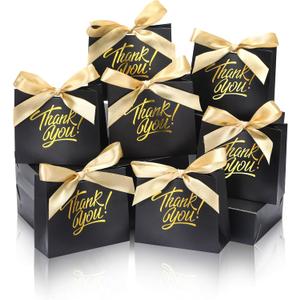 DOYIDE 120 Pack Small Thank You Gift Bags, 4.5x1.8x3.9in Party Favor Bags with Bow Ribbon, Mini Paper Gift Bag with Gold Foil Printed, Black Treat Boxes for Birthday Wedding Bridal Baby Shower