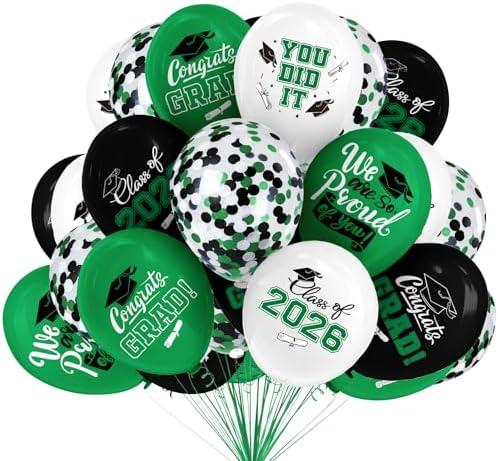 2026 Green & Black Graduation Decorations Set -  Graduation Grad Latex Balloons with Ribbons, Congrats Grad Caps for College & High School Party Supplies