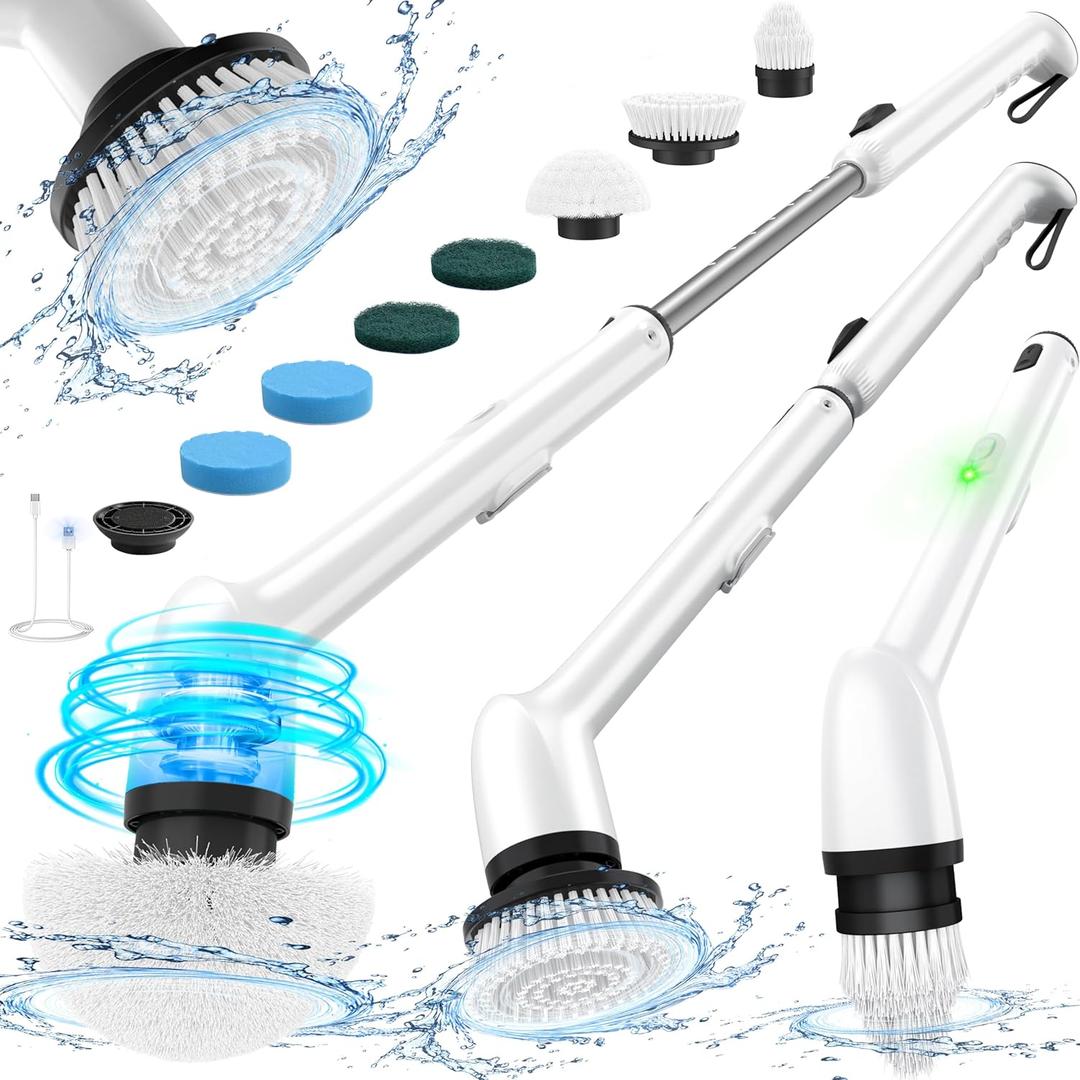 LyriFine Electric Spin Scrubber, New Full-Body IPX7 Waterproof Bathroom Cleaner Brush, Shower Scrubber with Long Handle & 2 Speed, Heads Replacement, Cleaning Supplies for Tub Shower Tile Floor (Classic Black)