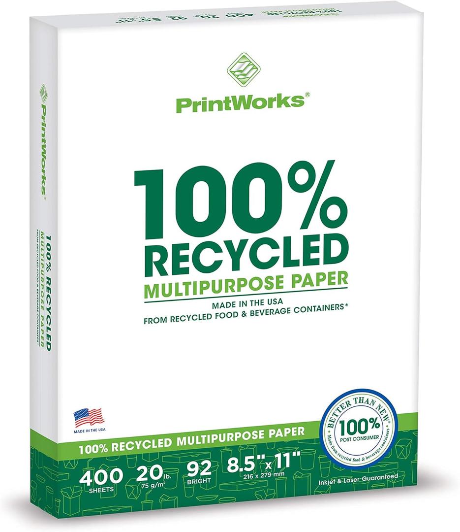 PrintWorks 100% Recycled Printer Paper 8.5" x 11" White - 20 lb Copy & Multipurpose Computer Paper - 1 Pack, 400 Sheets - Made in the USA - 92 Bright - Printer & Copier Compatible (00018)