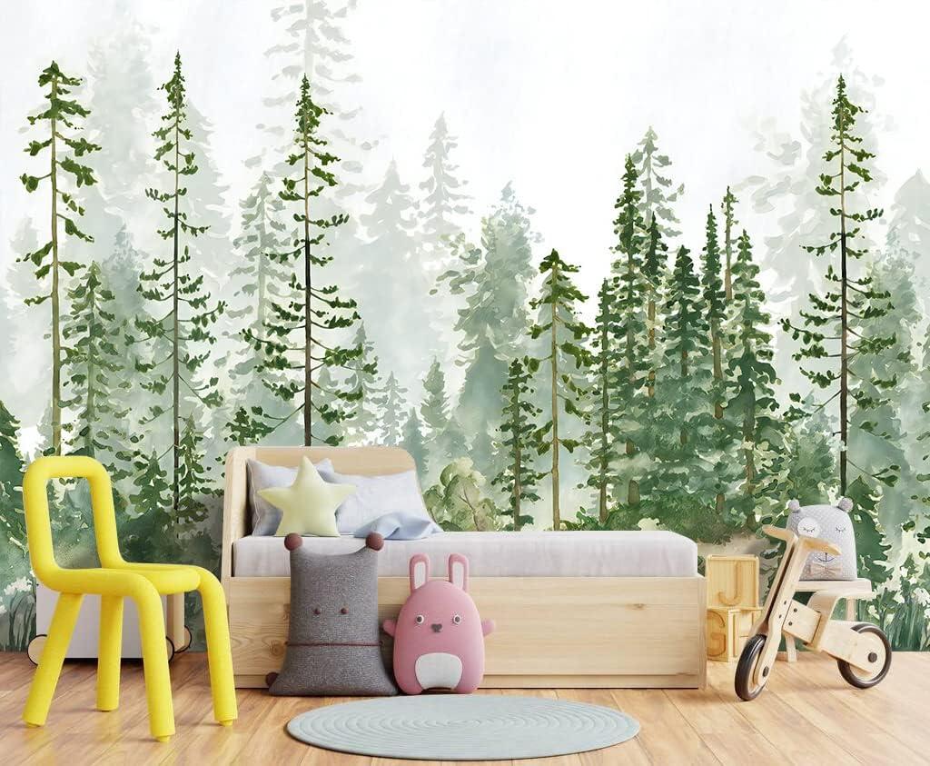 Boys or Girls Cartoon Pine Tree Forest wallpeper Nursery Kids Bedroom wall Mural - 137"x96"Not Peel and Stick (W008)