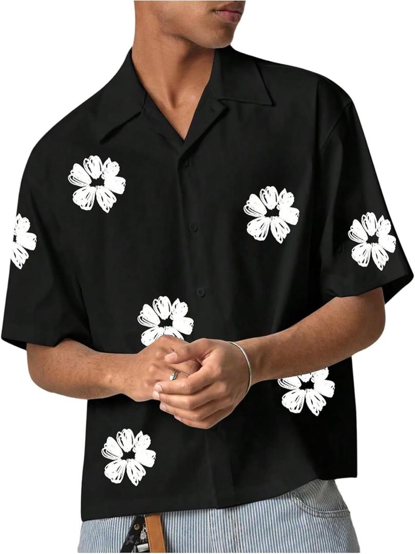 SHENHE Men's Summer Short Sleeve Floral Button Down Shirt Oversized Vacation Beach Top (XX-Large, Black)
