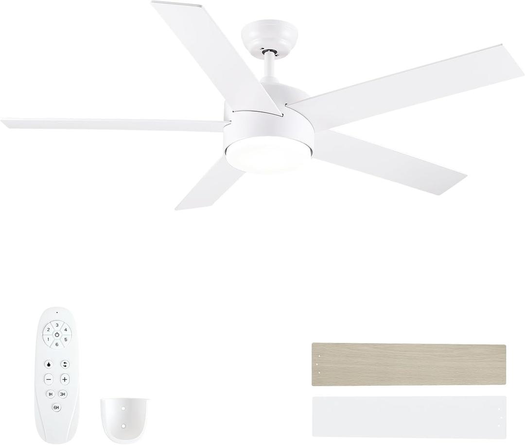 POCHFAN 52 inch White Ceiling Fans with Lights and Remote, Reversible 5 Blades Modern Ceiling Fan for Bedroom, Living Room, Dining Room, LED 3 CCT 6-Speed Noiseless, ETL Listed