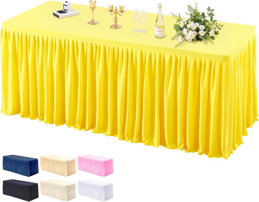 1 Pack Yellow Tablecloths for Rectangle Tables 8ft, Wrinkle Resistant Spandex Table Cover Fitted Stretch Table Cloth with Pleated Ruffle Skirts for Party Banquet Dining Birthday Wedding