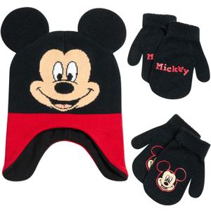 Disney Boys Mickey Mouse Winter Hat and 2 Pair Mitten or Gloves Set (Age 2-7) (Mickey Ears Mitten Red/Black)