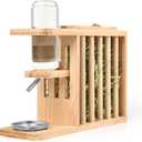 Small Animals Hay Rack with Height-Adjustable Water Bottle.Natural Wood. Wooden Bunny Hay Holder Feeder for Rabbit, Guinea Pig, Hamster, Hedgehog, Chinchillas, 4-16 CM