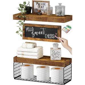 QEEIG Bathroom Shelves Over Toilet - Paper Storage Wall Mounted Farmhouse Decor Decorations Chalkboard Small Floating Shelf 2+1 Set 16 inch, Rustic Brown (021BN)