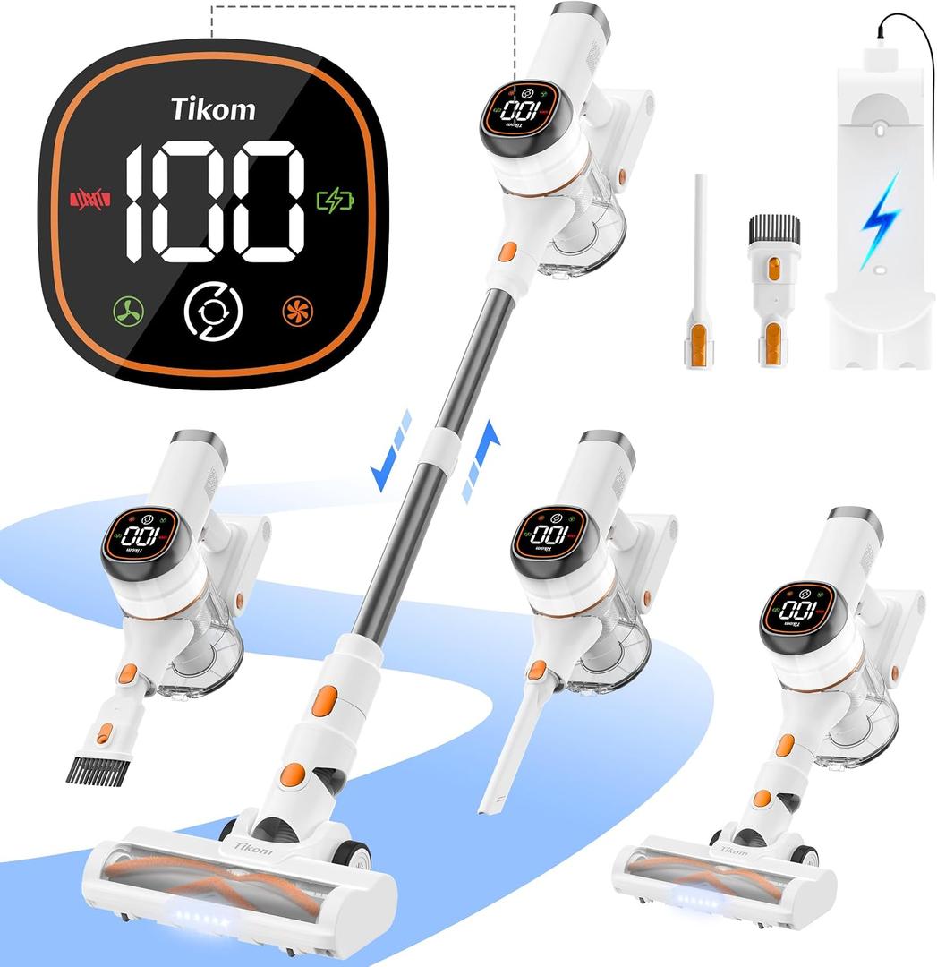 Tikom V500 Cordless Vacuum Cleaner for Home, 40000Pa/450W Stick Vacuum with LED Touch Screen, Charging Wall Dock, Anti-Tangle, Lightweight Handheld Vacuum for Pet Hair, Hard Floor, Carpet