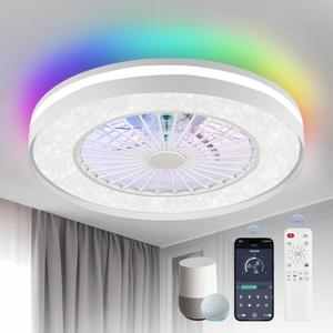 ZMISHIBO 20 inch Smart Wifi&Bluetooth Enclosed Ceiling Fan With RGBCW Light, Modern Ceiling Fan with Alexa/Google Assistant/Remote Control For Bedroom(Timing3000-6000K6 Speeds)
