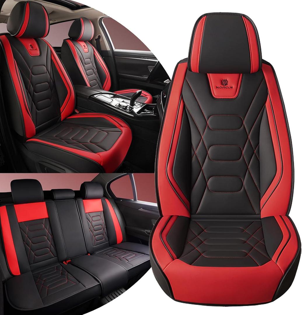 Car Seat Covers for Jeep Wrangler 2007-2026, Full Set 5 Seats Premium Napa Leather Waterproof Breathable Anti-Slip Seat Protectors with Airbag Compatible Design(Standard,Black&Red)