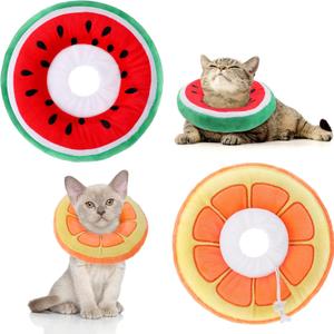 2 Pcs Adjustable Cat Cone Collar Soft Small Cat Recovery Elizabethan Collar for Kittens After Surgery Kitten Neck Cones Donut Cute Orange Watermelon for Small Dogs Pet, Under 7 lbs