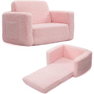 ALIMORDEN 2-in-1 Flip Out Cuddly Sherpa Toddler Couch Convertible Sofa to Lounger, Pink (Armchair)