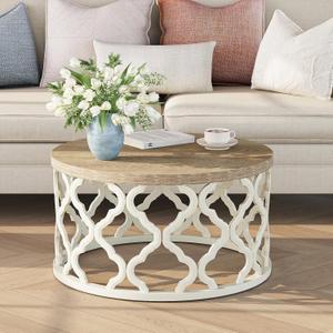 Farmhouse Coffee Table, French Country Round Coffee Table, Coastal Coffee Table with Distressed Top, Boho Center Table with Curved Motif Frame Base for Living Room, Dining Room, Bedroom, Cream Beige, 30 inches x 30 inches x 16 inches