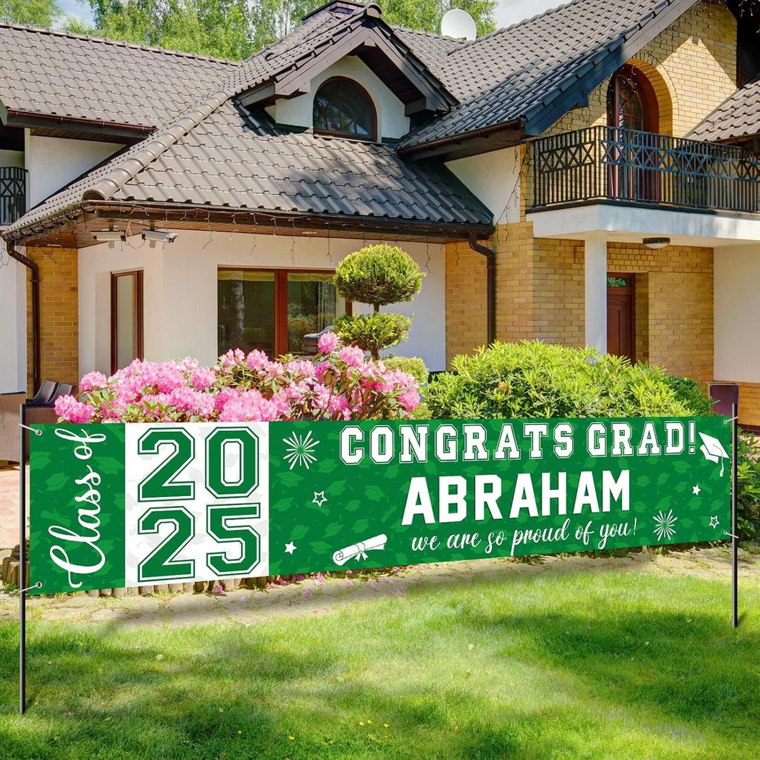 Graduation Congratulations Banner Decorations, Class of 2025 Personalized Graduation Banner with 78 Alphabet Stickers, Custom Banner Backdrop for High School College Graduation Party Supplies, Green