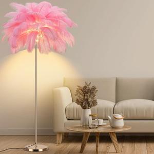 Feather Floor Lamp for Living Room, Fluffy Ostrich Feathers Lamp, Rose Gold Color Body, 3 Color Temperatures Modern Funky Arc Tall Standing Lamp for Bedroom Inclued Bright LED Bulbs (Pink)