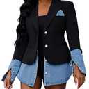 Vaceky Womens Dressy Denim Blazer Pearl Button Curved Hem Jacket for Work, Brunch & Night Out Size XL