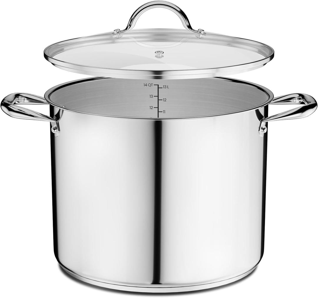 Stainless Steel Stockpot with Tempered Glass Lid 14 Quart, Durable 18/0 Stainless Steel, Impact-Bonded Base for Even Heating, Riveted Handles, Oven & All Stove Compatible, Safe Up To 500F (260C)