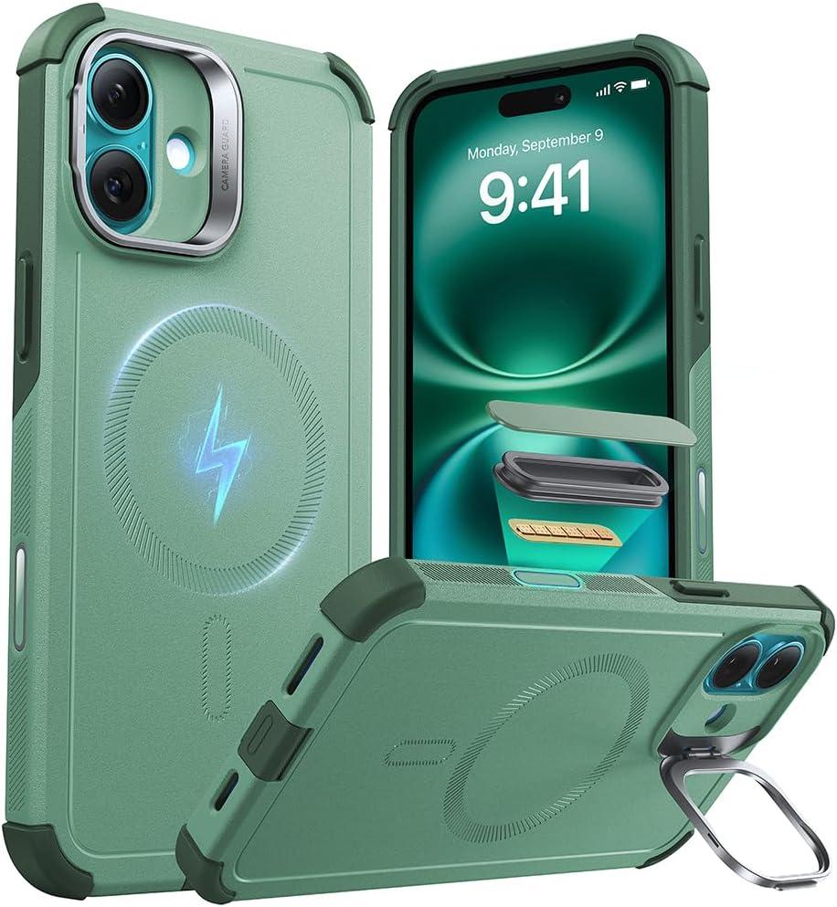 ESR for iPhone 16 Case with Stash Stand, Camera Control, 23FT Military-Grade Shock-Absorbing Drop Protection, Compatible with MagSafe Accessories, Magnetic Cyber Series, Light Green