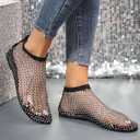 Ultra Comfortable Mesh Flats for Women Fishnet Sandals Low Heel Slip on Rhinestone Shoes, Black, Size 5