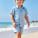 Boys Casual Hawaiian Shirts 2 Piece, Blue Button Down Shirt and Shorts Summer Beach Striped Clothes for kids (7 Years)