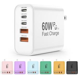 USB C Charger Block, 5 in 1 60W Charging Blocks, PD 3.0 25W Single Max Fast Charger, QC 2A USB Wall Charger for iPhone 16 15 14 13 12 11 Pro Max, iPad, iPod, Samsung, AirPods Pro, Apple Watch Series (White)