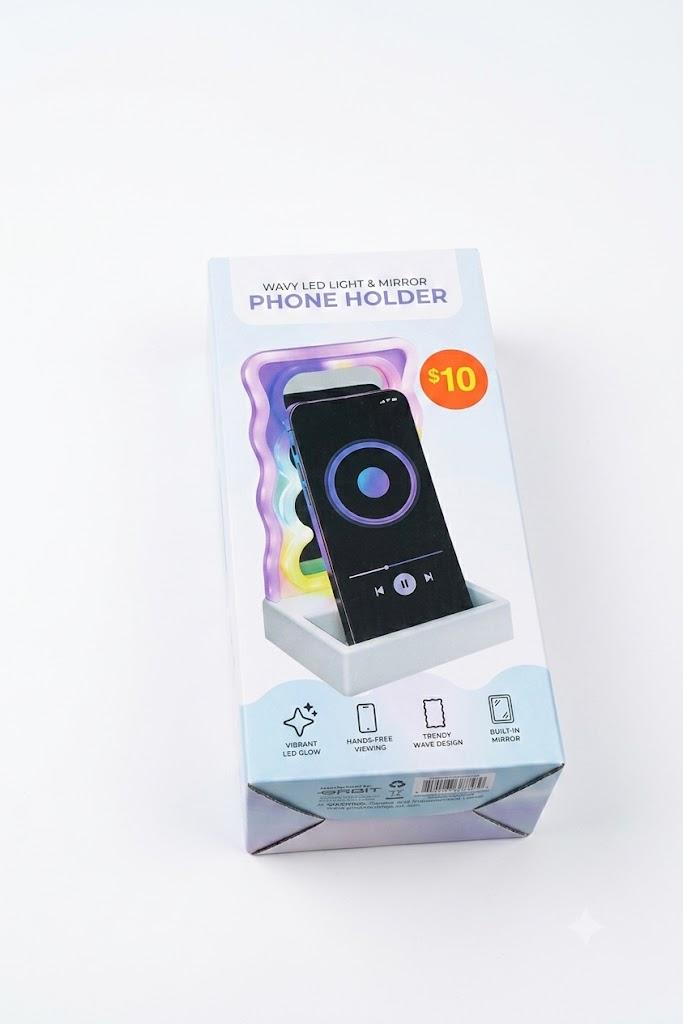 2 x Wavy LED Light & Mirror Phone Holder, Decorative Desktop Smartphone Stand with Vibrant Glow, Trendy Hands-Free Viewing Stand