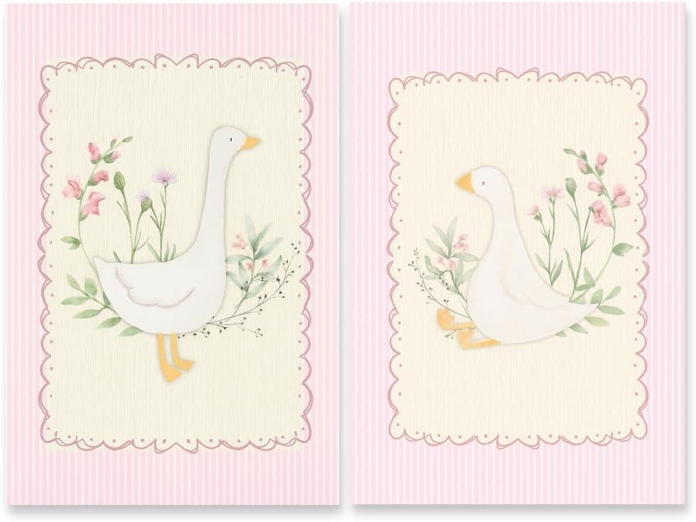 Vintage Pink Silly Goose Wall Art Set of 2 Trendy Sweet Floral Country Animal Poster Pink and White Striped Print Funny Cottagecore Girls Room Bedroom Apartment Decor 8x12inch Unframed