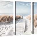 Hardy Gallery Beach Path Picture Coastal Artwork: Seaside Boardwalk Painting Art Print on Canvas for Living Room (34'' x 20'' x 3 Panels)