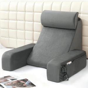 ENITYA 19" Back Support Pillow,Reading Pillow with Attached Arms & Large Pockets, Removable Washable Cover, Wedge for Sitting,Reclining,Watching TV,Post Surgery in Bed,Couch or Floor,Medium Firm,Grey