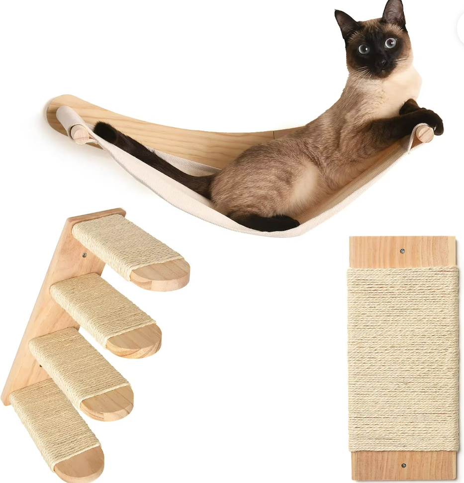 Chasing Tails Cat Wall Shelves - Four Step Cat Shelf with Scratch Board, Mounted Cat Shelves, Sturdy Cat Wall Furniture for Indoor Cats, Kittens - Extra Cat Wall Hammock Cover Included