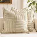 MIULEE Decorative Throw Pillow Covers for Couch Bed Livingroom 18x18 Inch Set of 2 Cream Boho Accent Throw Pllows Broadside Striped Patchwork Soft Corduroy Pillowcases