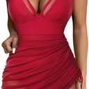SUUKSESS Women Mesh One Piece Swim Dress Swimsuit Tummy Control Bathing Suit (X-Large, Red)