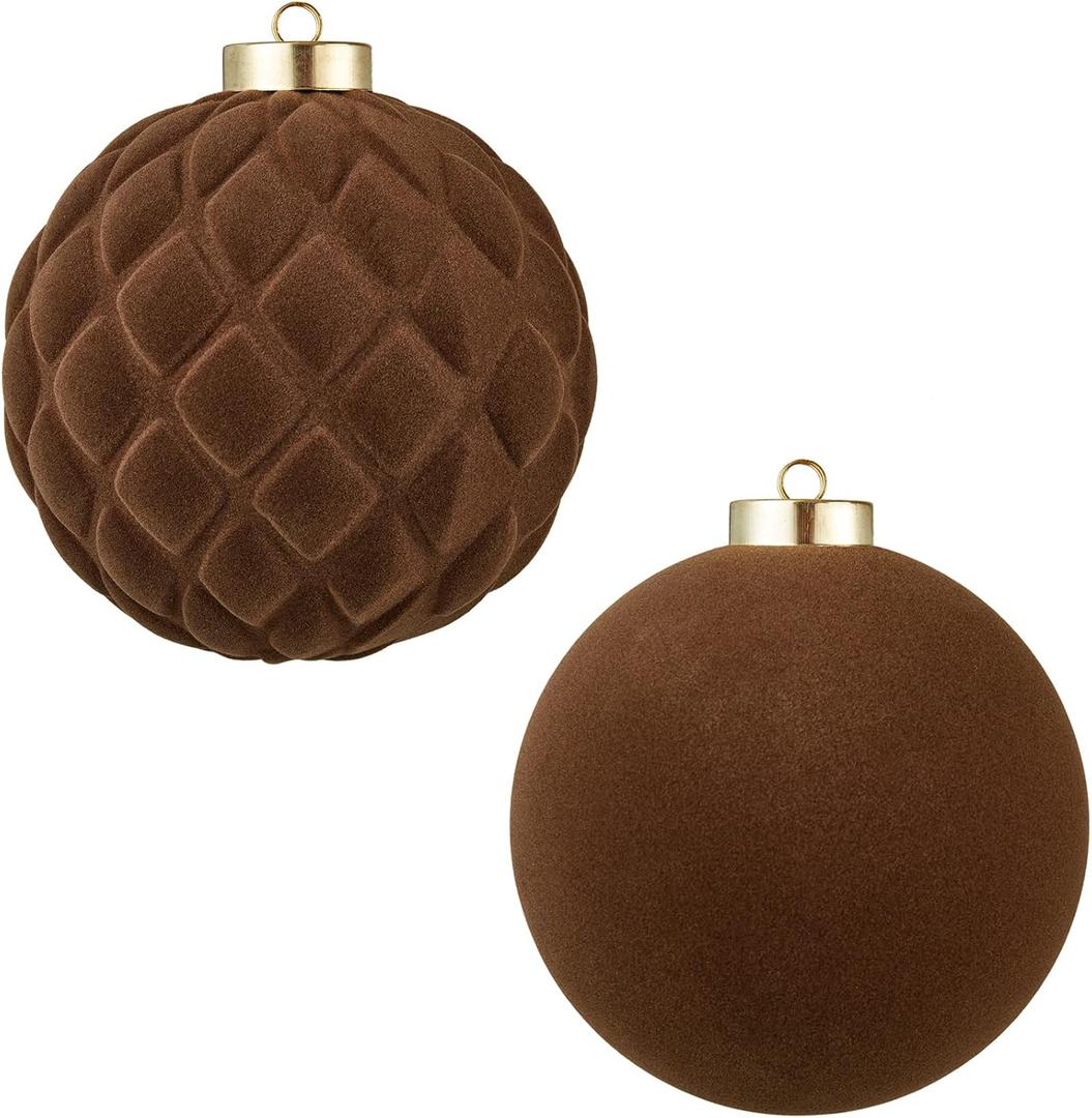 Large Velvet Christmas Ball Ornaments - 6 Inch Flocked Christmas Balls Shatterproof Decorative Hanging Ornaments Set for Xmas Tree Holiday Wedding Party Decor (Brown, 2pcs)