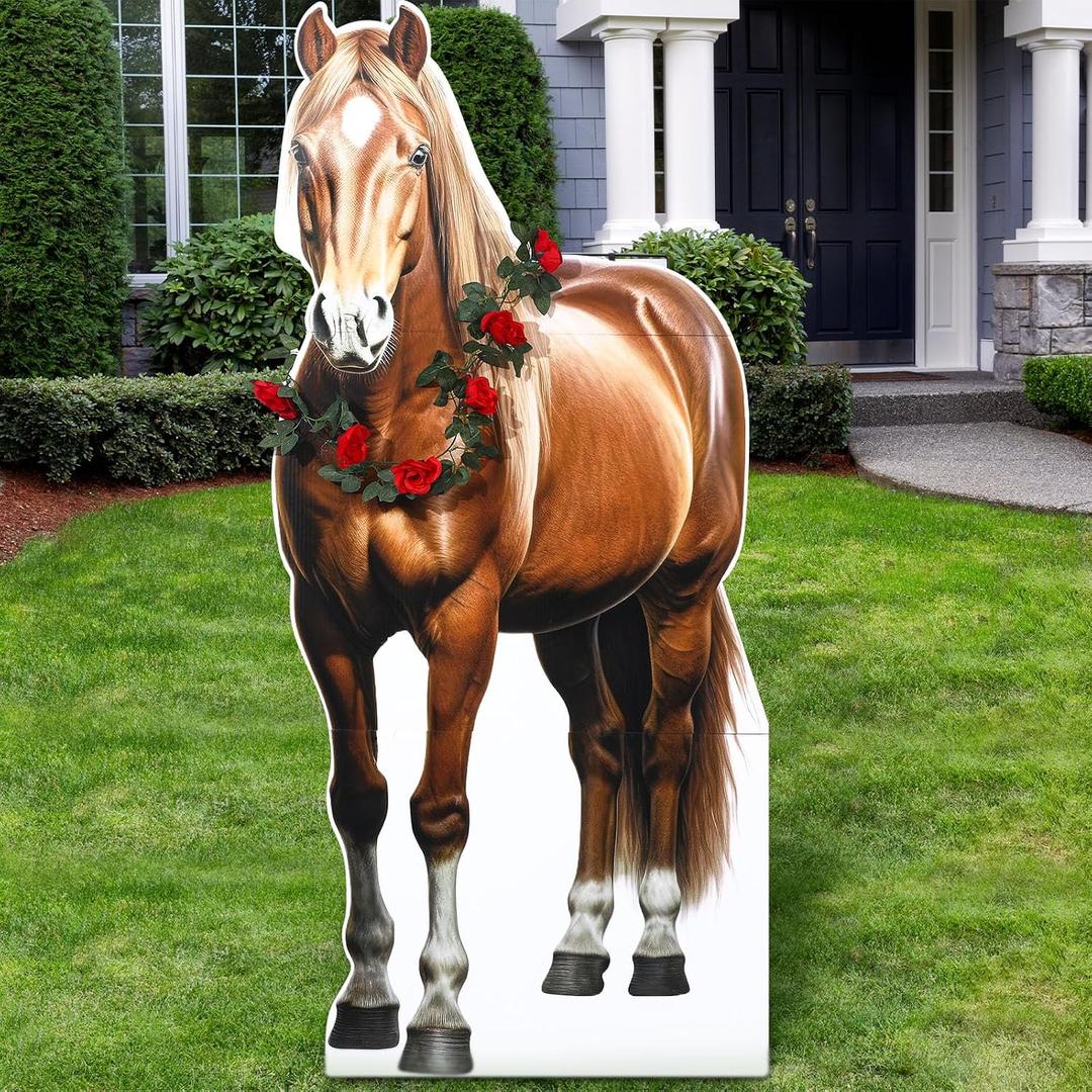 Watersay 6ft Derby Horse Cardboard Cutout Stand up Life Size Western Party Decorations with Horse Cutout Artificial Rose Garland for 2026 Derby Day Race Party Photo Booth Props Decor