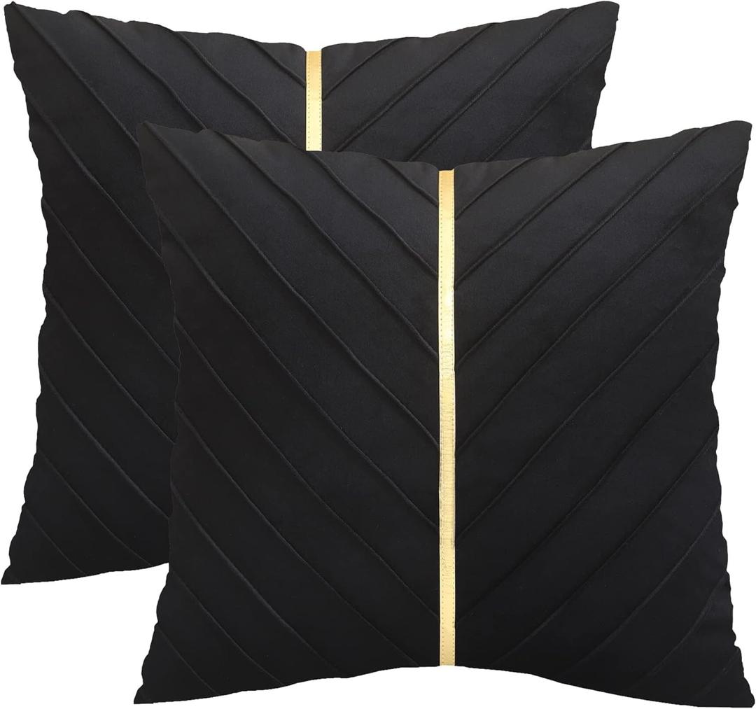 Tosleo Black Velvet Throw Pillow Covers 24x24 inch Pack of 2 with Gold Leather Decorative Couch Pillow Cover Luxury Modern Pillowcases for Living Room Bedroom Sofa Cushion Bed