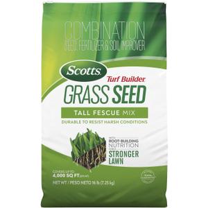 Scotts Turf Builder Grass Seed Tall Fescue Mix - Durable to Resist Harsh Conditions, Lawn Seed, Grass Fertilizer & Soil Improver, Covers up to 4,000 sq. ft., 16 lb. (EXP 12/31/38)