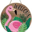 Welcome Tropical Flamingo Front Door Sign, Monstera Palm Leaves Wood Hanger Outdoor Outside Porch Home Decor, Summer Hawaii Farmhouse Rustic Wooden Wreath Indoor Wall Hanging Decoration