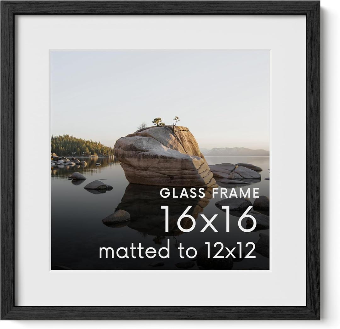 Haus and Hues 16x16 Picture Frame with Real Glass & Black American Oak Matted to 12x12 - Oak 16x16 Frame With Mat - Includes Vertical & Horizontal Hang - Ideal for Home, Room, Office (16x16 in, Black) (Black Oak)
