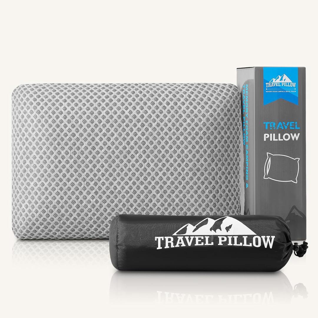 Travel Pillow Memory Foam Pillows, Camping Pillow-Compressible Medium Firm, Breathable Cover, Ideal Backpacking Hiking, Bed Pillows, Airplane and Car (Light Grey, M), M-17.7*11.8in