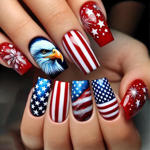 Independence Day Press on Nails Medium Square False Nails with Red Blue American Flag Designs Eagle Fake Nails Star Acrylic Nails Stripe 4th of July Artificial Nails for Women Girls Manicure 24Pcs