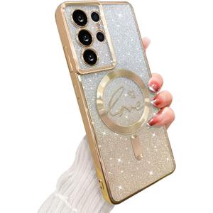 For Samsung Galaxy S21 Ultra Case Magnetic,for Women Girl Soft Cute Luxury Love Heart Plating Bling Gradient Glitter Clear Phone Case Compatible with MagSafe Shockproof Back Cover 6.8-Gold