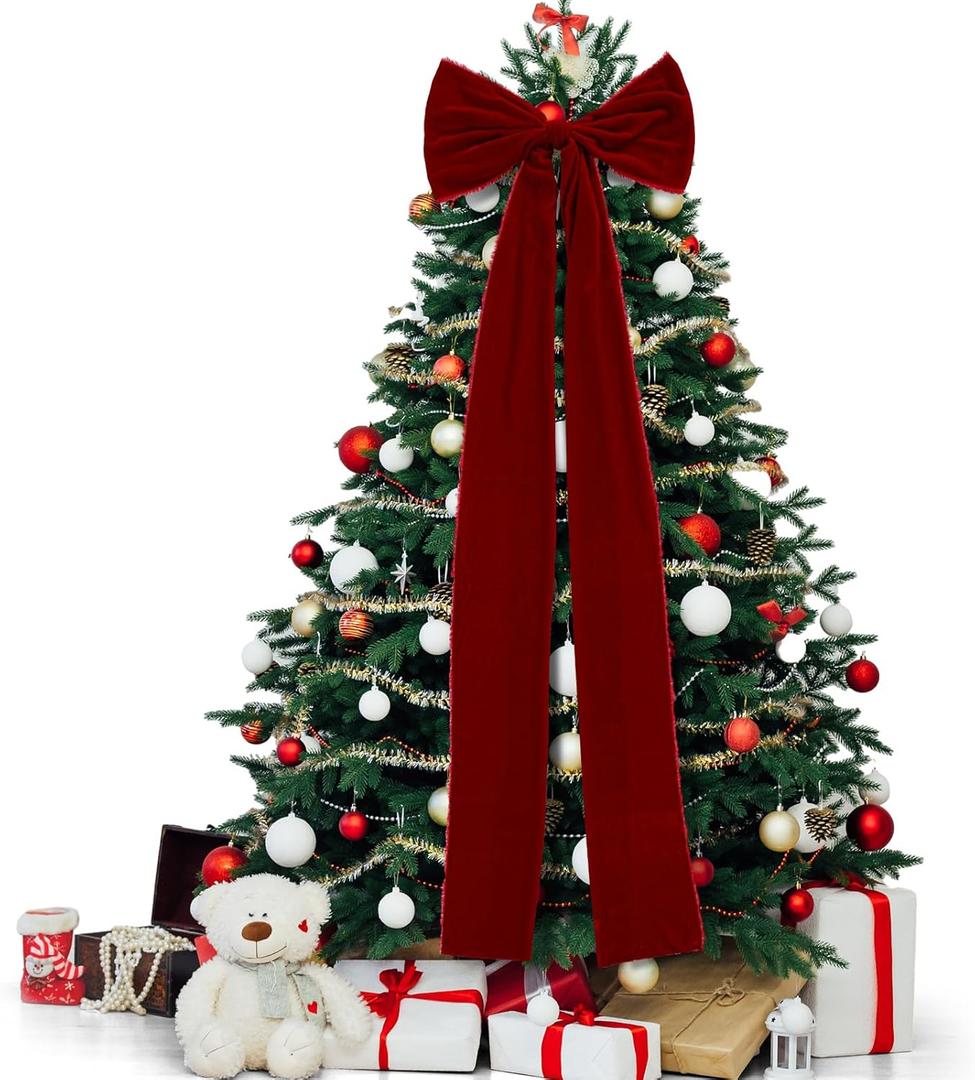 Knitgrip Extra Large Christmas Tree Topper Bows 15.7 x 47.2 Inches Giant Burgundy Christmas Velvet Decorative Bows with Long Streamers for Xmas Tree Wreath Party Holiday Farmhouse Home Decorations
