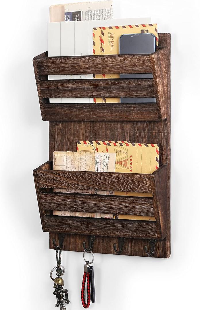 MOOACE Mail Organizer Wall Mount with Key Hooks, 2-Slot Wood Mail and Key Holder for Wall Organizers, File Letter Folder Home Office Accessories Organizer Farmhouse Decor (Rustic Brown)
